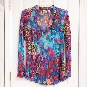 Chico's 100% Silk Top Blouse Women's XL Sheer Wearable Art Colorful Paisley